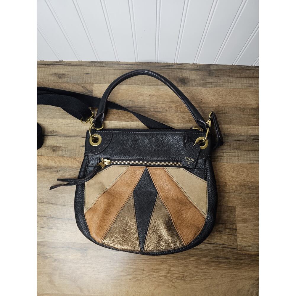 Fossil Cow Hide Leather Patchwork Hobo Shoulder Purse Excellent